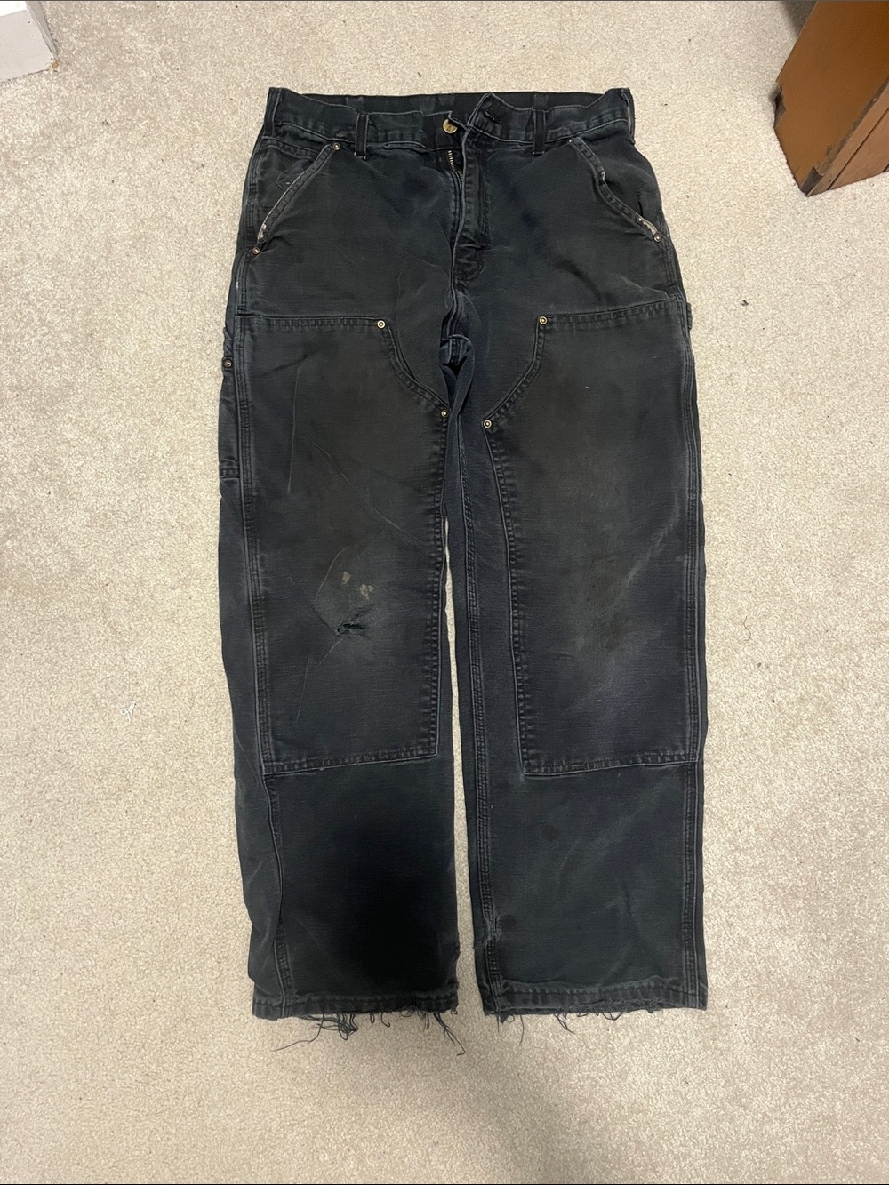 Carhartt Faded Black B01 Double Knee Carpenter Pants - Distressed Raw Hem